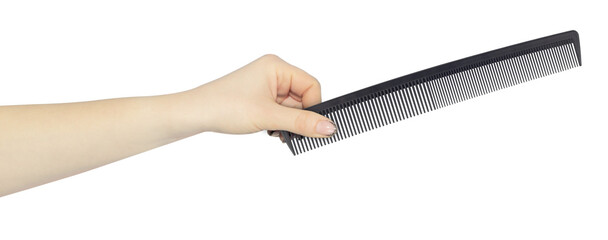 men's, plastic, black comb in hand, outstretched hand with comb isolated from background