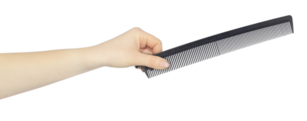 men's, plastic, black comb in hand, outstretched hand with comb isolated from background
