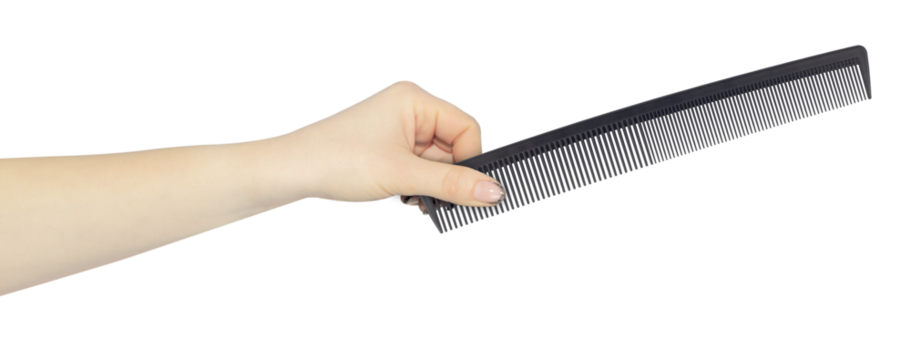 men's, plastic, black comb in hand, outstretched hand with comb isolated from background