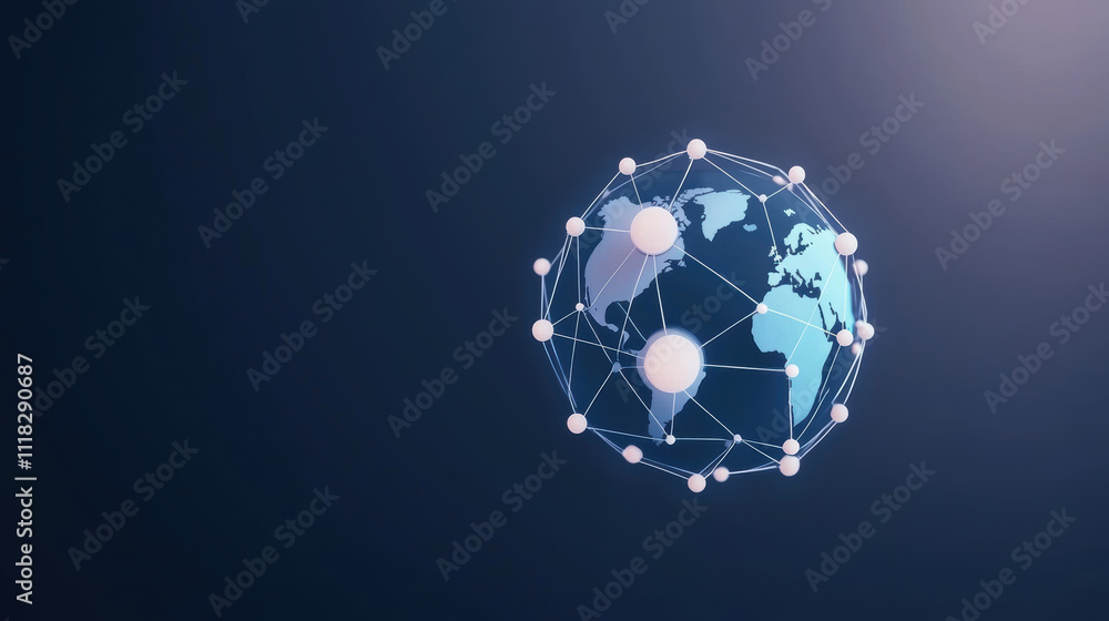 Poster creative visualization of connected globe with nodes and lines, symbolizing global networking and co