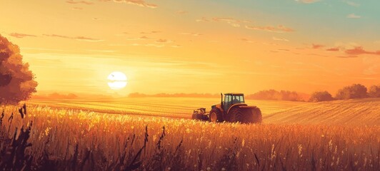Fototapeta premium Golden Hour Harvest: Tractor in a Wheat Field at Sunset