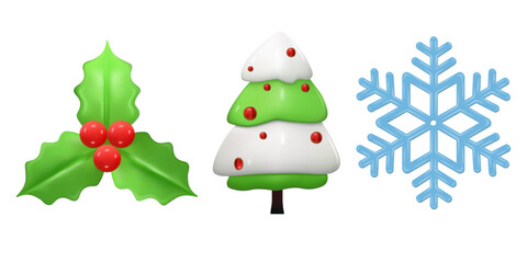 Set of festive 3d render Christmas decorations with a red berries, Christmas tree  and Snowflakes.