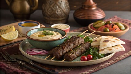 Kefta platter with hummus, flatbread, and pickled vegetables on a table
