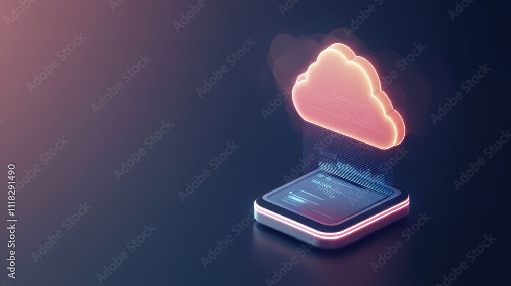 Poster futuristic mobile device with glowing cloud symbolizing data transfer