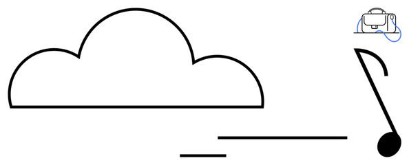 Outline of a cloud with a black musical note and a connection icon representing data transfer. Ideal for cloud computing, music streaming, technology, data storage, online media, digital