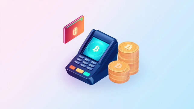 futuristic payment terminal with Bitcoin coins and digital wallet