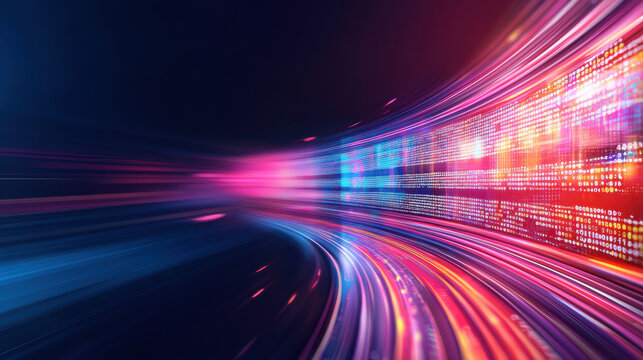 Futuristic digital landscape with vibrant light trails and data streams