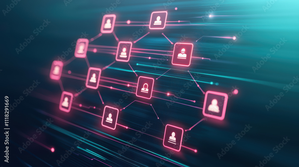 Poster digital network connections with glowing nodes and user icons