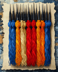 Colorful threads arranged in rows with pointed tips.