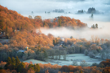 Golden sunlight on a frosty morning at The Brathay Church in The Lake District, UK.