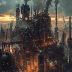 Fototapeta premium Massive industrial complex at sunset, emitting dark smoke and glowing embers.