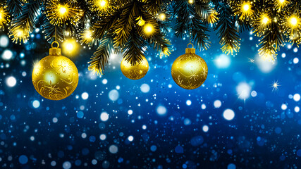 Golden Christmas ornaments hang from a pine branch, sparkling with lights