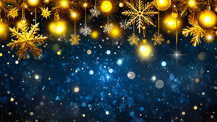 Golden snowflakes & lights on dark blue background