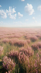 Fototapeta premium Serene pink field under a blue sky.