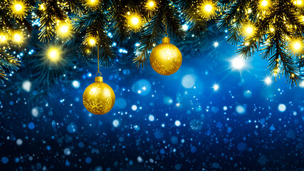 Golden Christmas ornaments hang from a pine branch, sparkling with lights