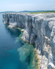 Dramatic coastal cliff face with clear turquoise water.