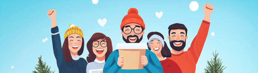 Joyful group of friends celebrating with gifts in winter scenery