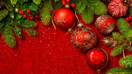 Red and gold Christmas ornaments and greenery on a red background.