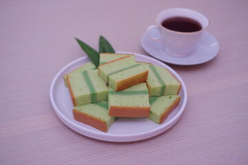 pandan cake on a plate. Selective focus.