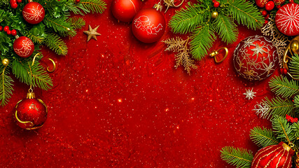 Red and gold Christmas ornaments and greenery on a red background.