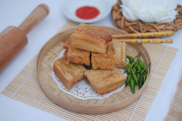 Tahu Bakso, Indonesian traditional snack made from tofu and beef. Served in plate.