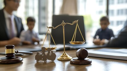 Family law consultation scales of justice, gavel, and family figurine on a table with blurred lawyers and children in the background.