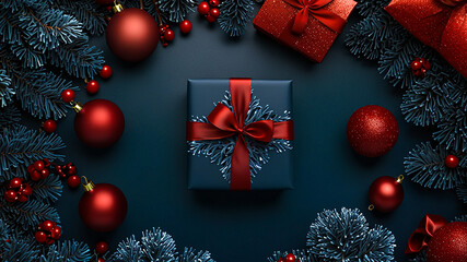 Red Christmas gift box with ornaments and black background.