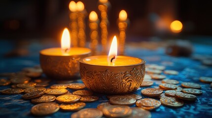 Obraz premium Two ornate candles burning brightly amidst gold coins on a dark blue surface, with additional candles softly lit in the background.