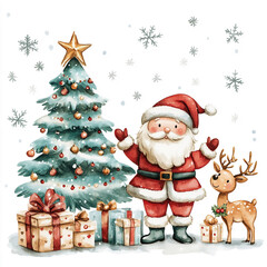 Watercolor Santa Claus and reindeer with gifts. Christmas illustration isolated on white background.