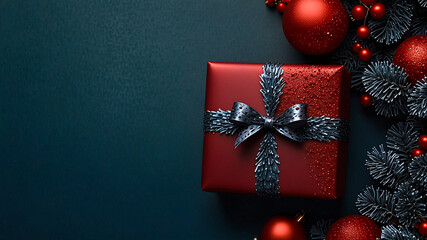 Red Christmas gift box with ornaments and black background.