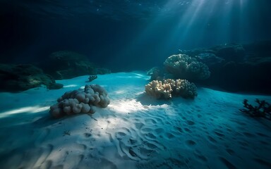 Obraz premium Underwater Deep Blue Sea with Light Rays and Sandy Floor Background