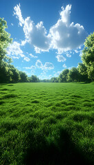 Obraz premium Lush green field under a vibrant blue sky with fluffy white clouds and trees on both sides.