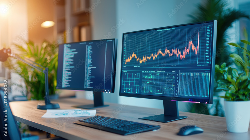 Poster professional workspace with dual monitors displaying data analysis and growth trends. bright environ