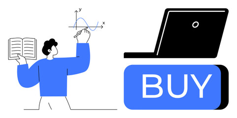 Person holding book and illustrating wave graph with x and y axes. Right side shows laptop and large blue BUY button. Ideal for education, e-learning, e-commerce, technology, business, online