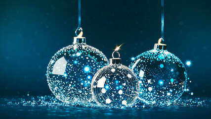 Shiny blue baubles hang against a sparkling backdrop.