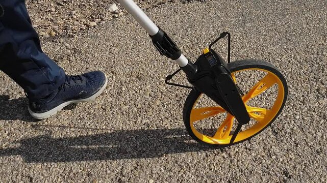 Surveyor using distance measuring wheel on asphalt road during sunny day