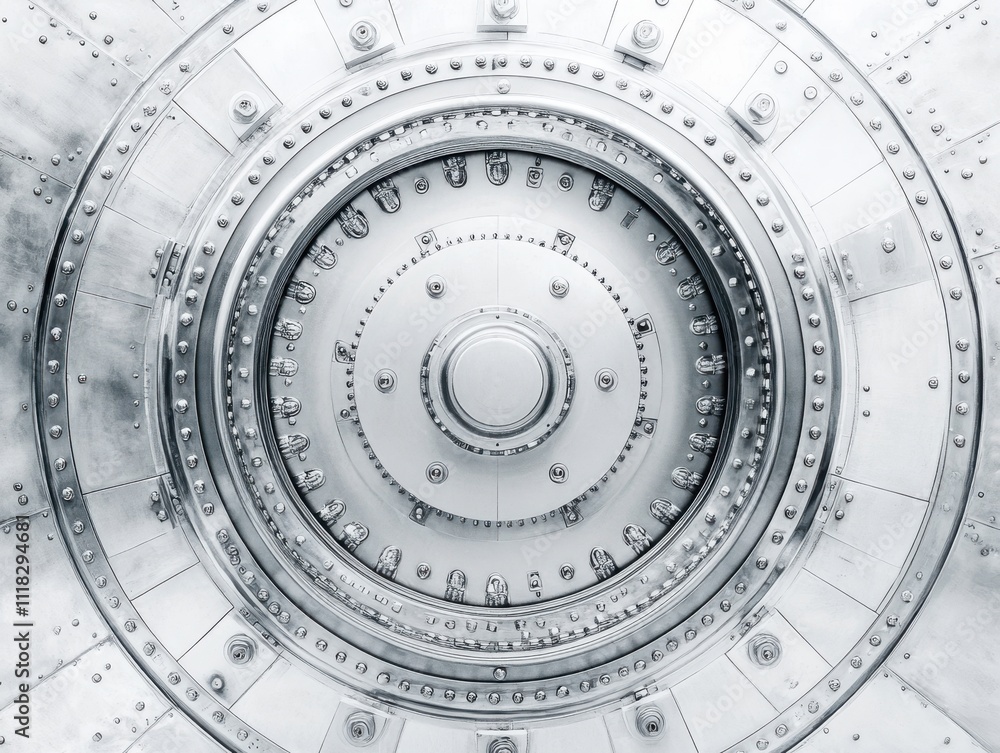Poster high-resolution close-up of a metallic safe door with intricate details, exuding strength and securi