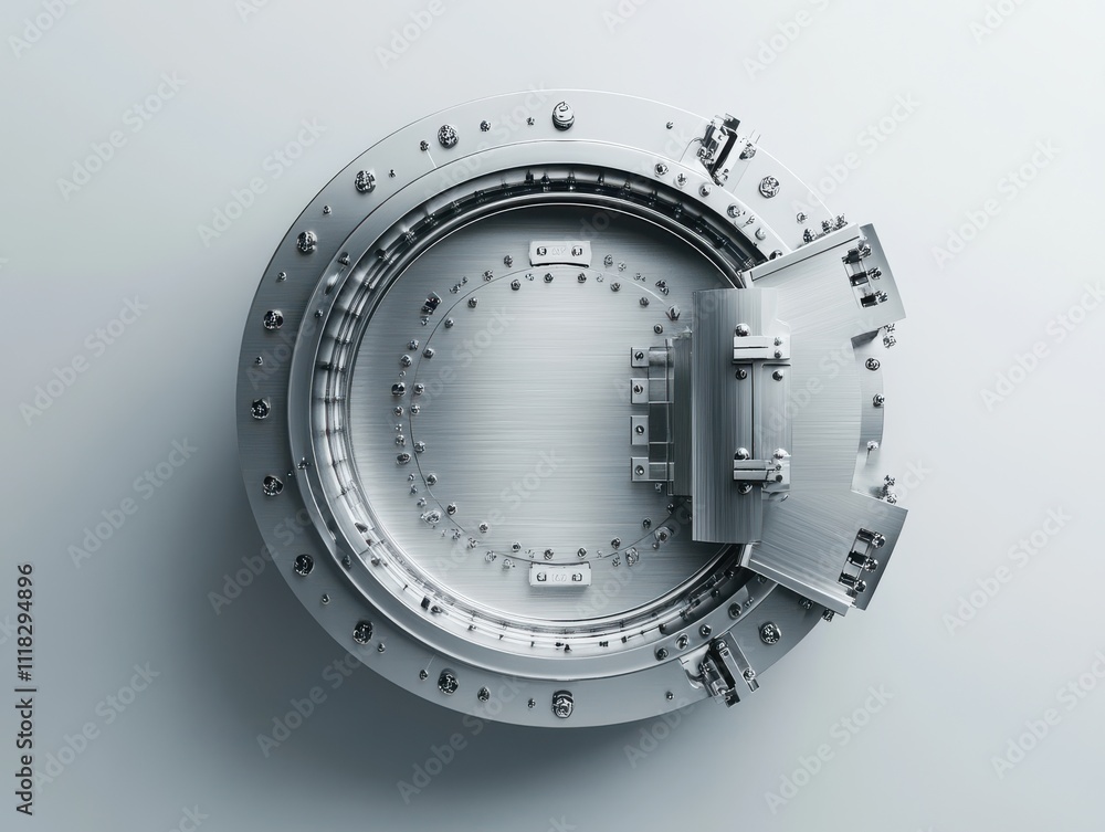 Poster high-resolution image of a silver bank vault door with intricate mechanical details and modern desig