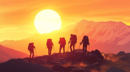 Obraz premium Group of young hikers with backpacks walks with backpacks and helps each other in climbing in sunset mountains