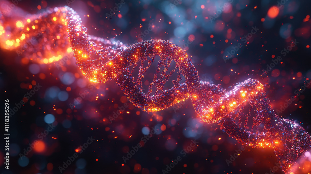 Poster futuristic 3d dna strand in glowing particle background for science concept