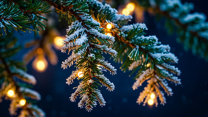 Snowy pine branches with lights, blue background