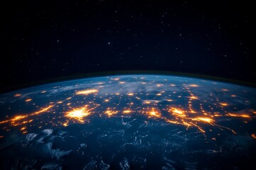 Fototapeta premium Earth at night, city lights illuminate the globe from space.