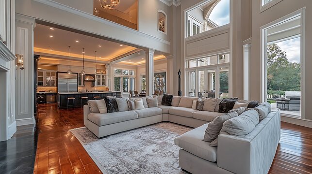 Luxurious open-plan living room with high ceilings, large windows, hardwood floors, sectional sofa, and a view of the backyard.