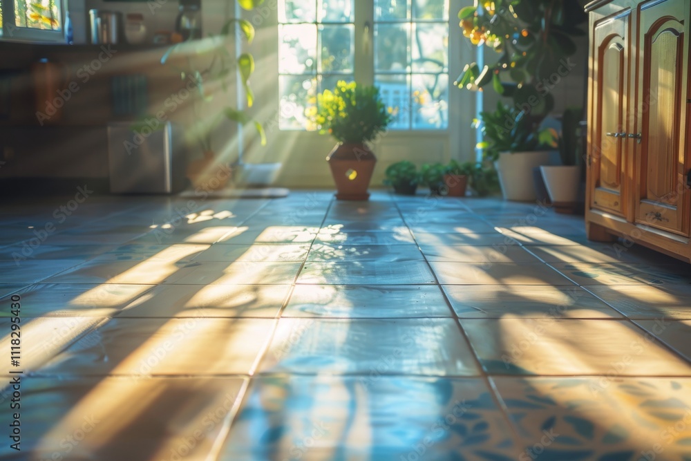 Poster sunlight streams through a window, casting patterns on a tiled floor surrounded by plants. concept o