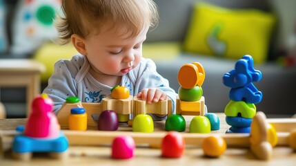 Child Exploring Colorful Wooden Toys for Sustainable Playtime Fun