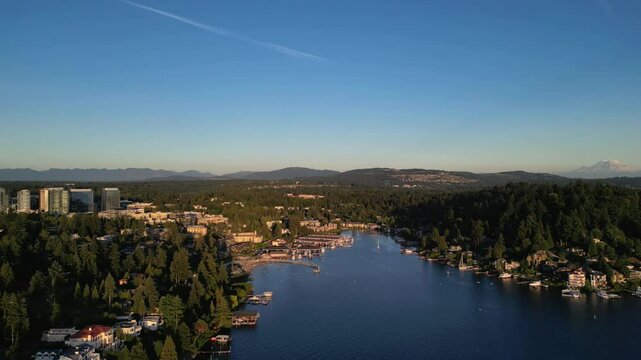 View of Meydenbauer Bay in Bellevue Washington with Mount Rainier in the background 