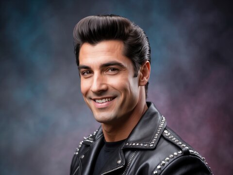 Handsome man in 1950s greaser look with leather jacket and confident smirk