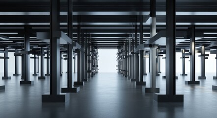 Obraz premium Industrial Space Interior with Symmetrical Steel Columns and Open Light, showcasing Modern Architecture and Minimalist Design in an Urban Environment
