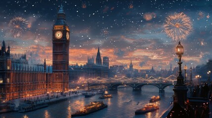 Magical Winter Night in London: Big Ben, Fireworks, and Snow