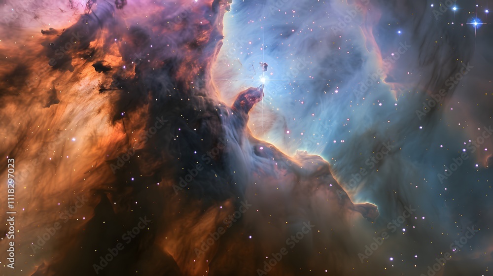 Wall mural vivid cosmic landscape with starry nebulae, celestial view of swirling orange and blue nebulae fille